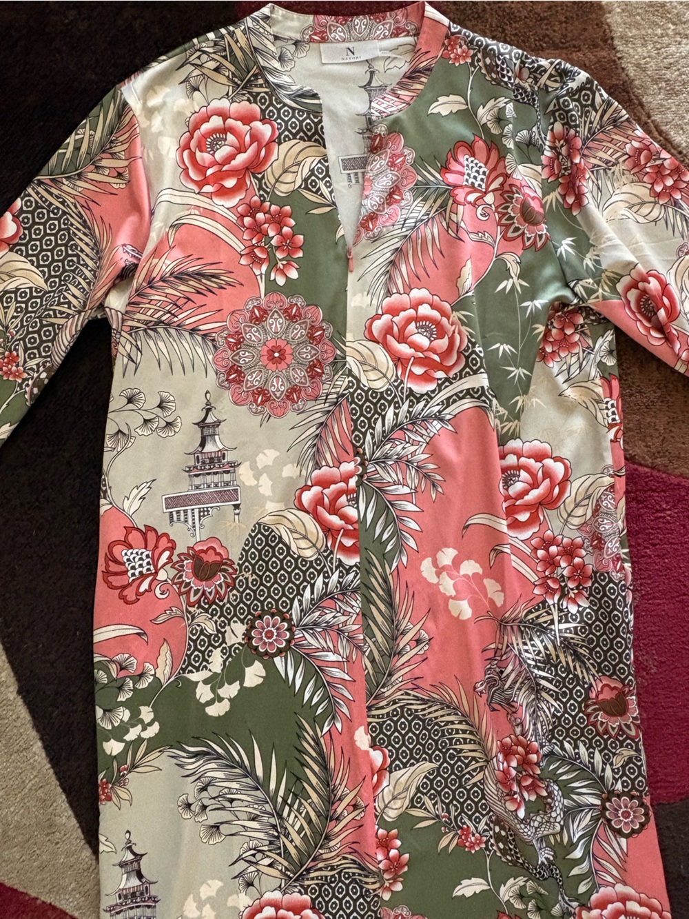 Vintage Natori Silky Maxi Gown Robe Coral & Olive Long Split Sleeve & Pockets - Picture 4 of 10